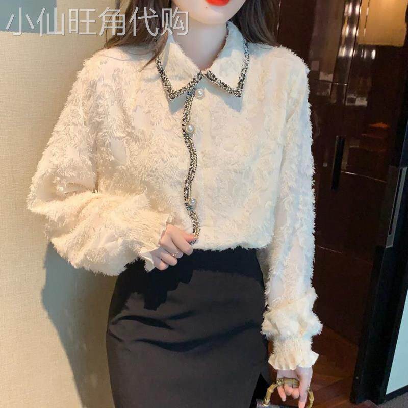 小香风雪纺衬衫女秋冬内搭2025新款洋气蕾丝小衫加绒加厚气质上衣