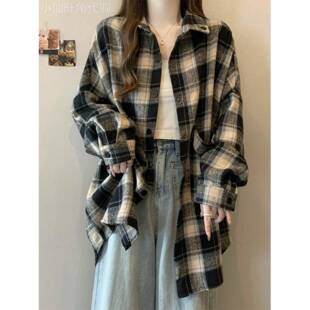 复古格子毛呢衬衫外套女款秋季慵懒风大码加厚中长款衬衣开衫上衣