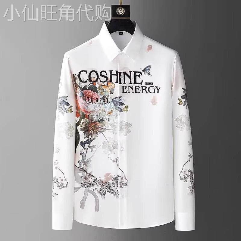 LL男装衬衫男长袖修身痞帅春秋季潮牌欧货印花烫钻时尚休闲花衬衣