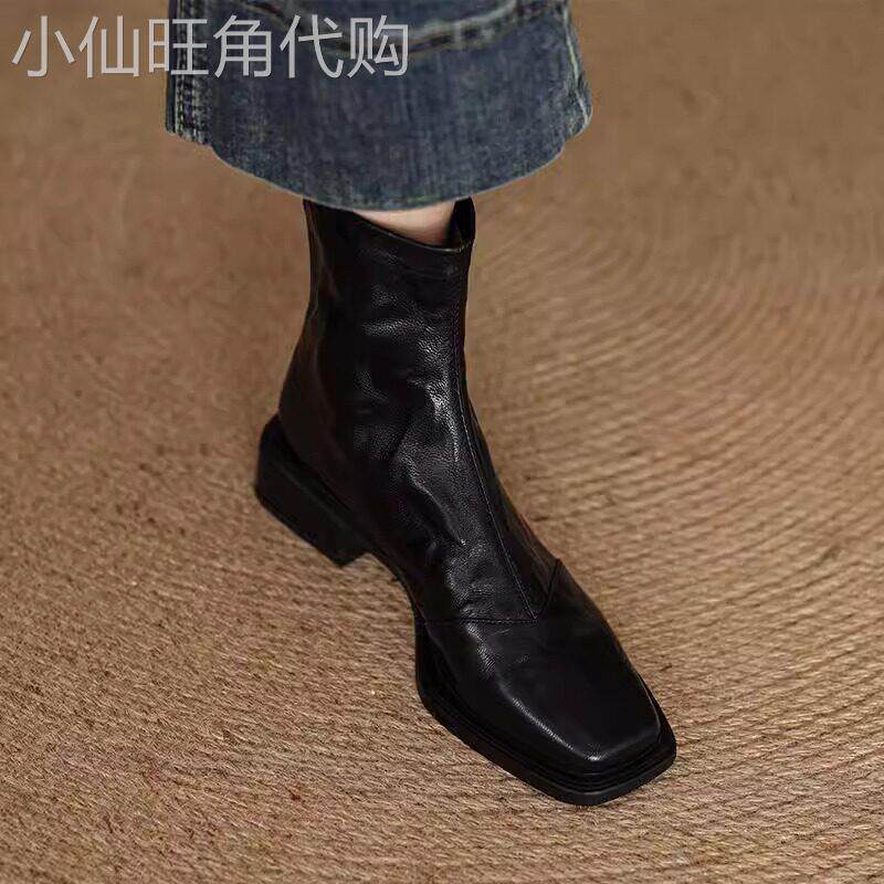 真皮黑色粗跟马丁靴女2025新款春秋加绒覆古方头英伦风炸街小短靴