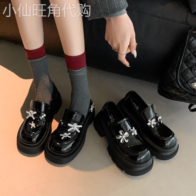 学姐穿搭~学院风水钻蝴蝶结乐福鞋女春小个子厚底增高单鞋小皮鞋