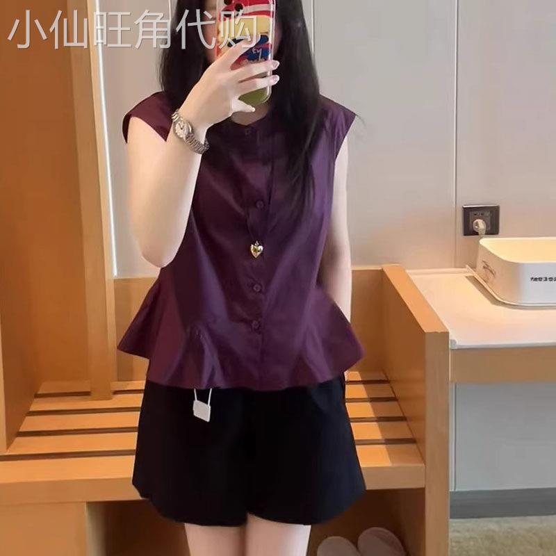 紫色圆领无袖衬衫女士夏季欧货大码胖MM时尚气质洋气显瘦百搭上衣