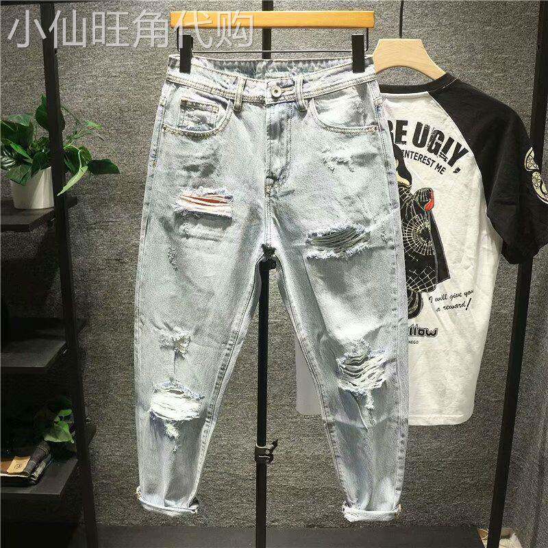 2025新款潮牌夏季薄款破洞牛仔裤男韩版浅色宽松直筒九分乞丐裤