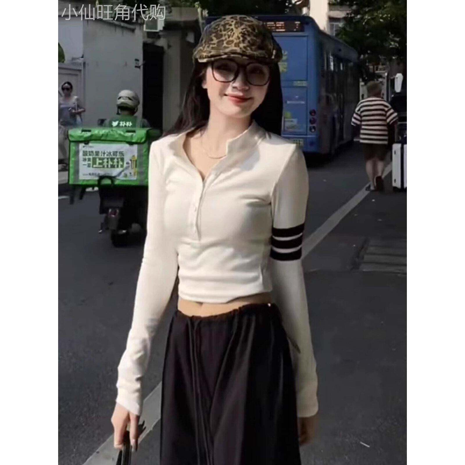 美式立领长袖t恤女春秋2025年新款设计感小众修身打底衫短款上衣