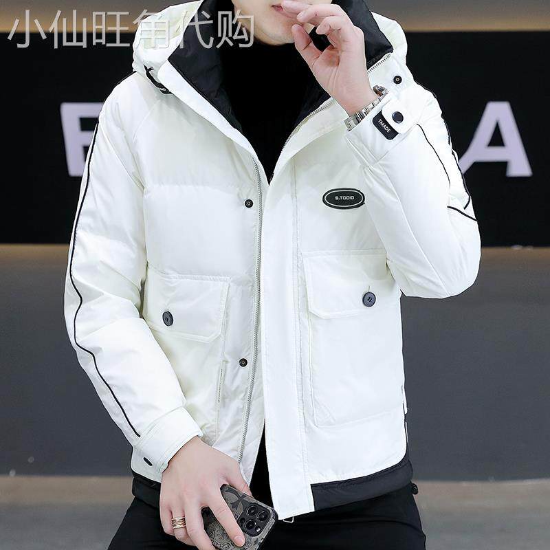 高端连帽工装羽绒服男短款潮流白色鸭绒修身2024新款加厚保暖外套
