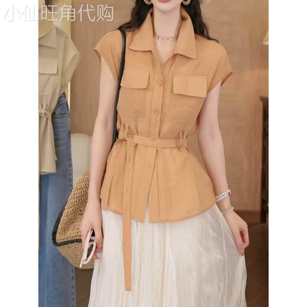 高级感橘色口袋工装短袖衬衫女夏季2026新款腰带上衣女士衬衫爆款