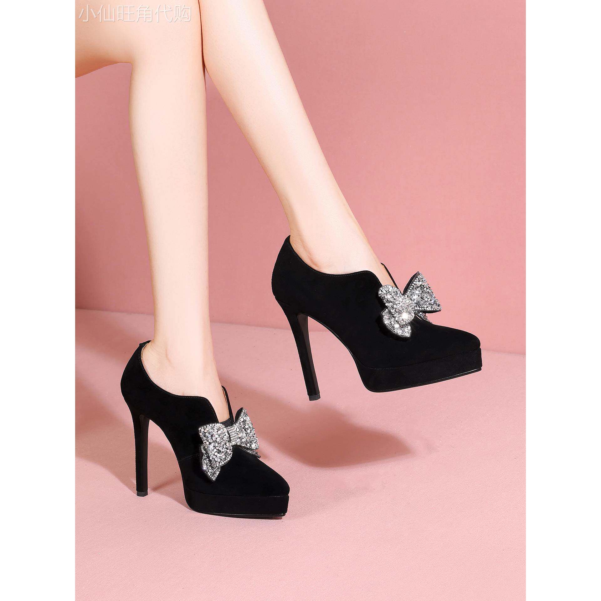 韩国水钻蝴蝶结配裙子超高跟鞋尖头防水台细跟不累脚真皮皮鞋单鞋