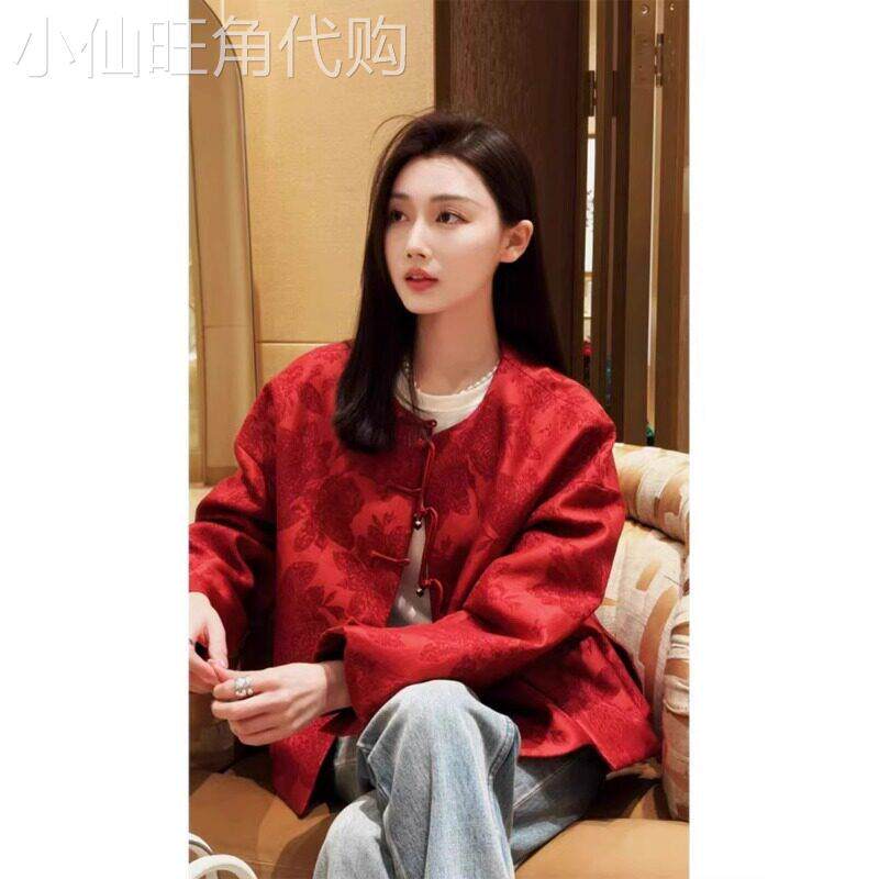 新中式拜年服唐装女装2025春秋新款红色新年战袍国风盘扣提花外套