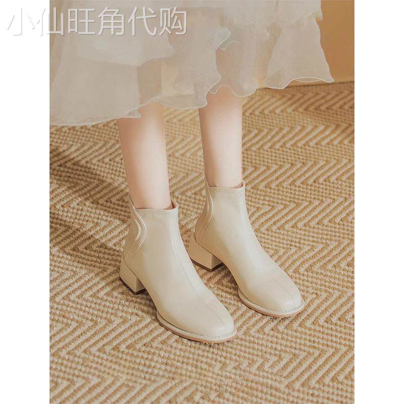 真皮方头粗跟短靴女春秋2025新款后拉链防滑加绒马丁靴法式小踝靴