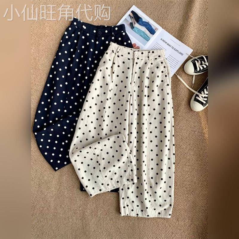 潮牌设计感亚麻九分波点阔腿裤女2026夏季高腰显瘦慵懒风休闲裤子