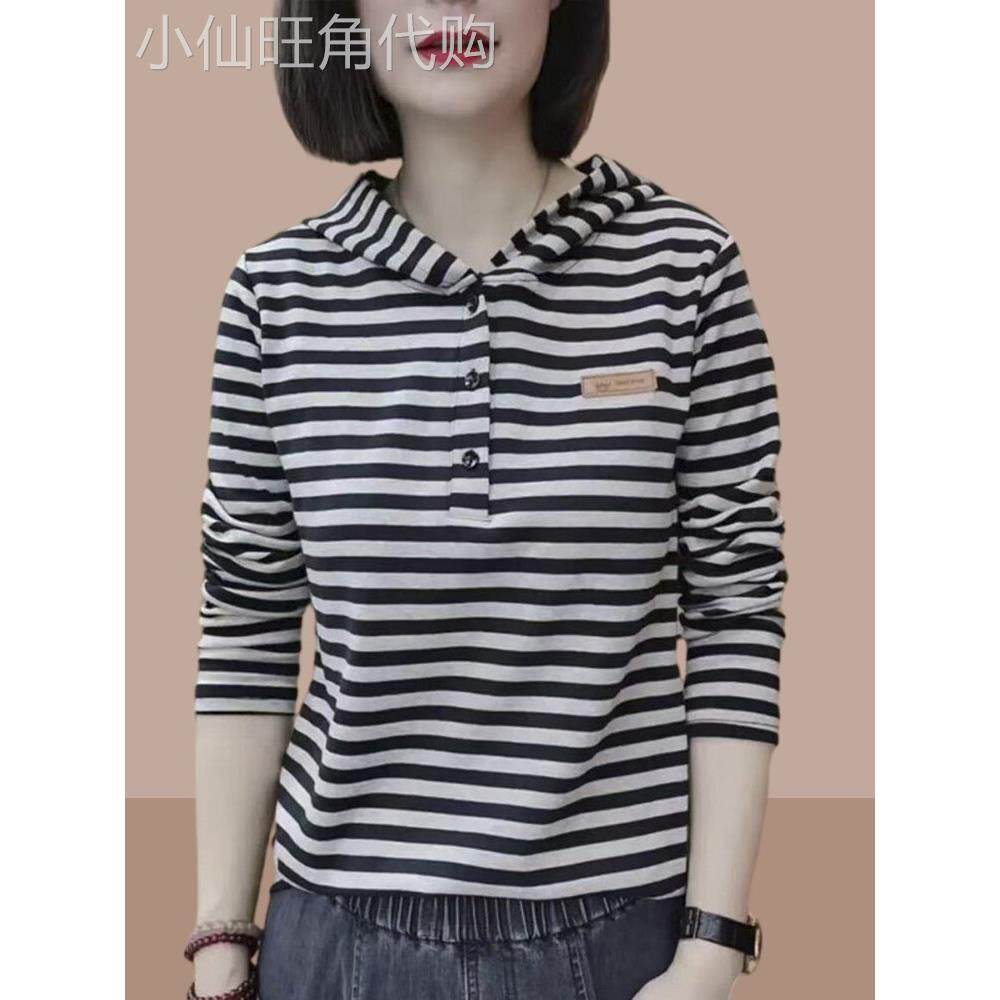 条纹连帽t恤女春秋2025新款百搭显瘦休闲加绒长袖体恤打底衫上衣