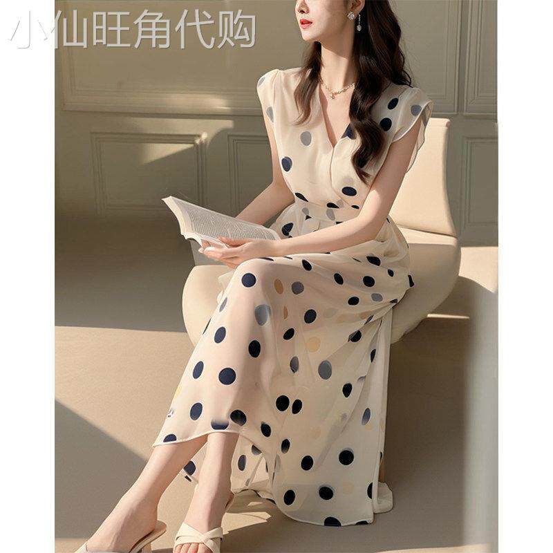 超好看小众设计海边度假无袖波点雪纺V领洋装子女夏季法式长裙