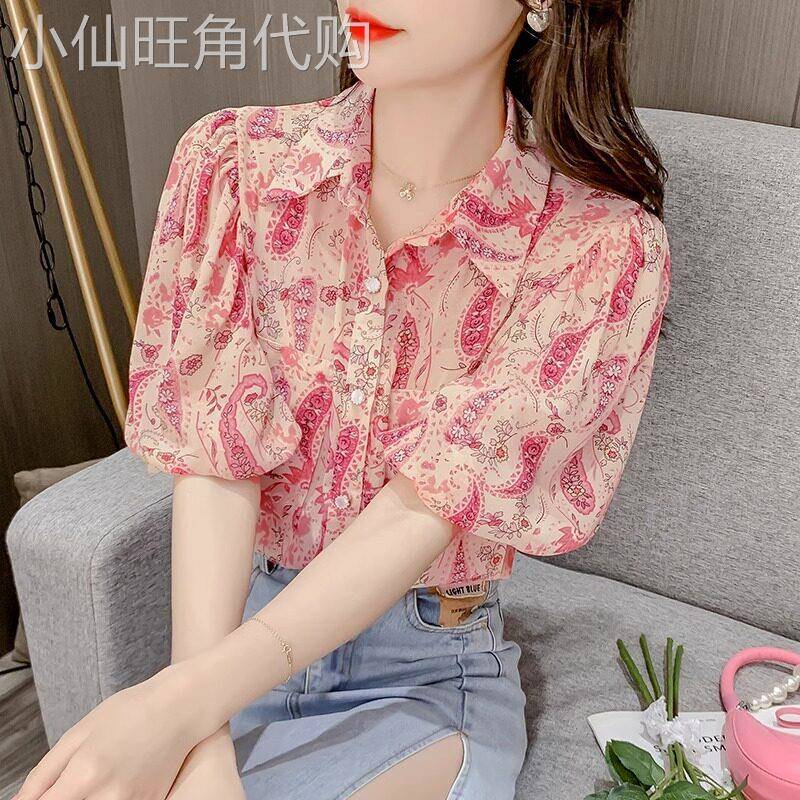 高端泡泡袖碎花雪纺衬衫女夏季2025年新款设计感小众法式收腰上衣