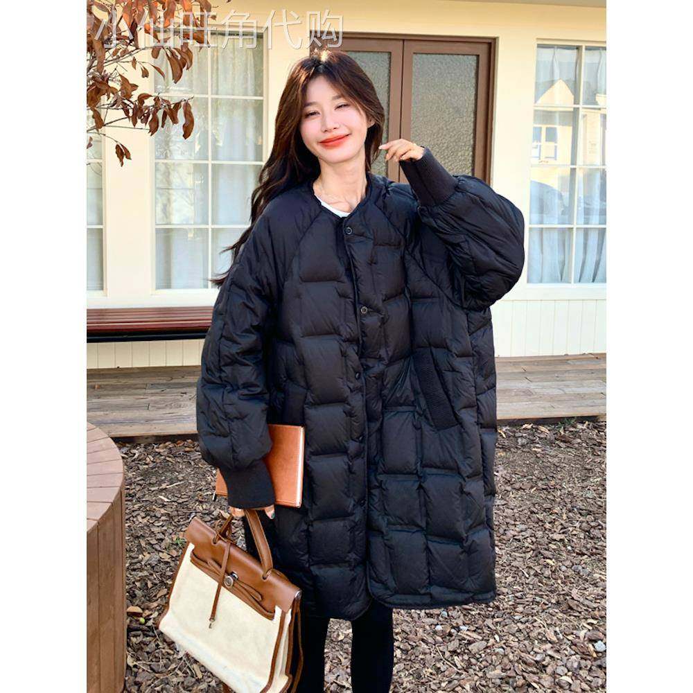 黑色羽绒服女中长款2025冬季韩系高级感宽松廓形圆领90白鸭绒外套