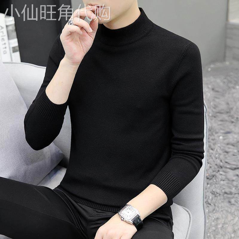 高端半高领毛衣男士秋冬新款加绒加厚修身纯色休闲羊毛针织打底衫