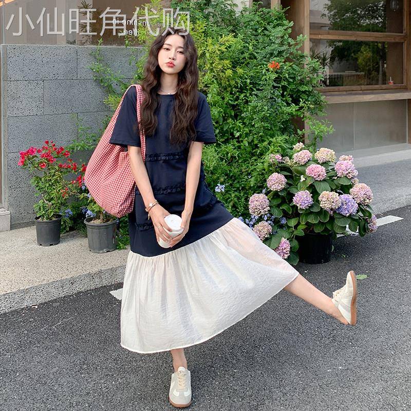 日系简约高级感撞色拼接长裙女2026夏季时髦木耳边短袖流行洋装