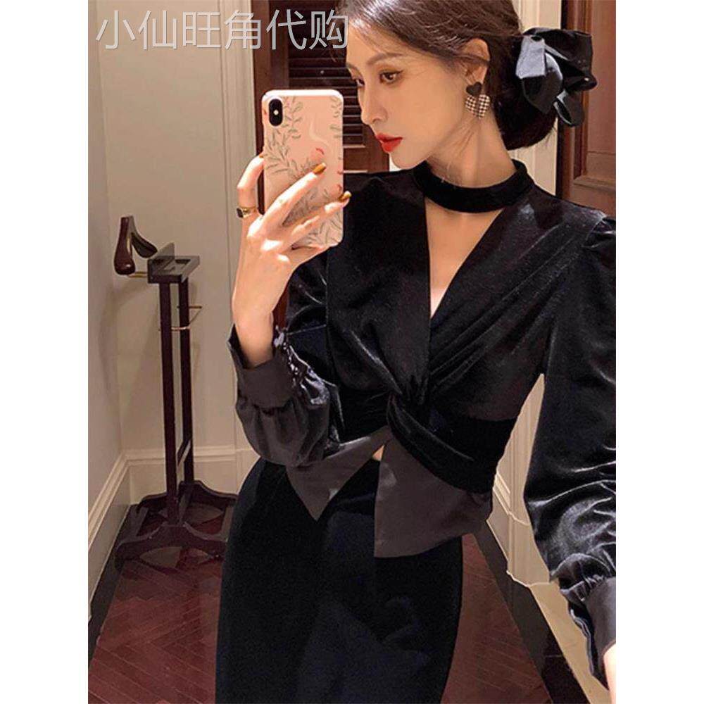 金丝绒衬衫女秋冬2025新款挂脖v领设计感小众扭结高级感打底上衣