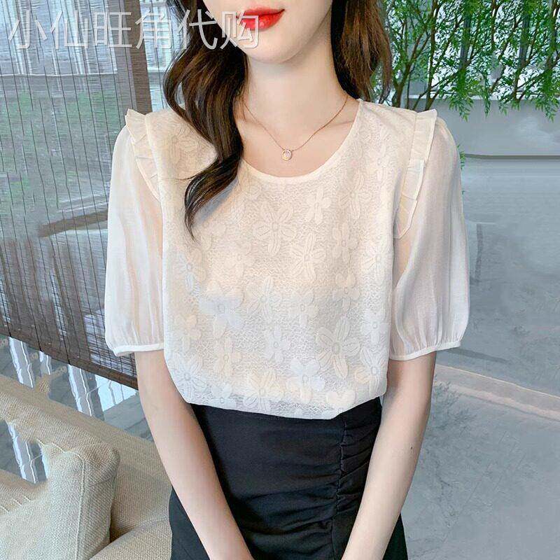 白色雪纺短袖t恤女2026新款夏季法式圆领宽松时尚洋气泡泡袖上衣