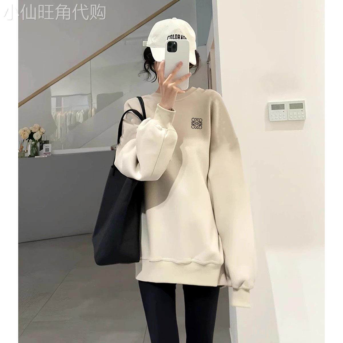 杏色无帽卫衣女士2025秋冬新款减龄字母印花上衣宽松长款大版外套