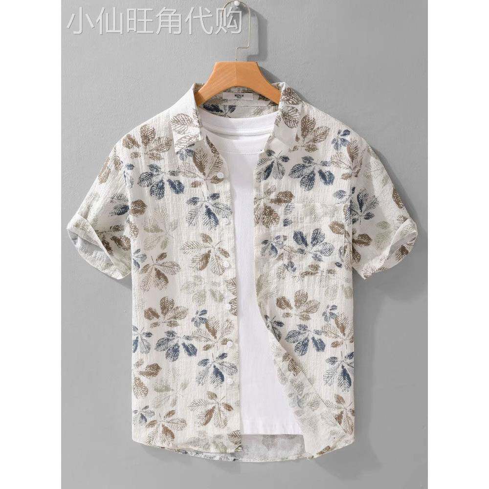 高端亚麻短袖花衬衫2025新夏季薄时尚宽松的棉麻衬衫的男人