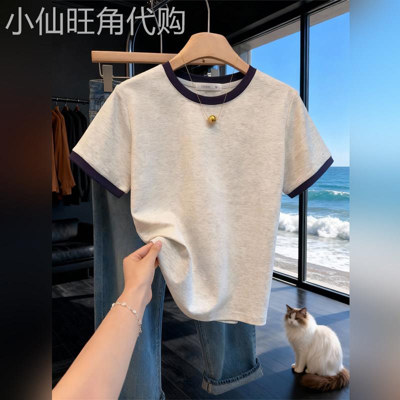 潮牌高级感撞色短袖T恤女2026夏季拼接圆领正肩纯色简约洋派上衣