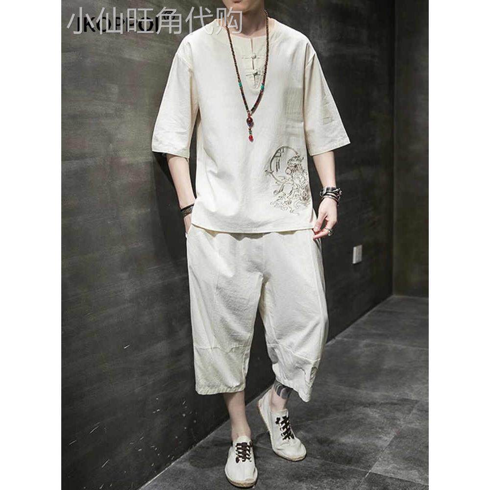 轻奢中国风短袖套装男士夏季棉麻汉服古装刺绣青年唐装道袍两件套