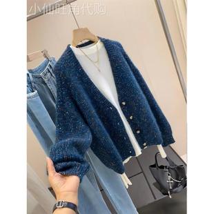 蓝色毛衣外套高级感秋冬新款女装慵懒风针织开衫独特覆古宽松上衣