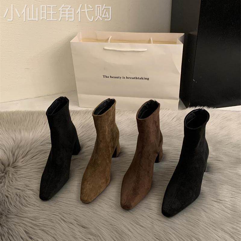 香港黑色绒面粗跟瘦瘦靴女气质方头高跟弹力短靴袜靴卡其色及踝靴