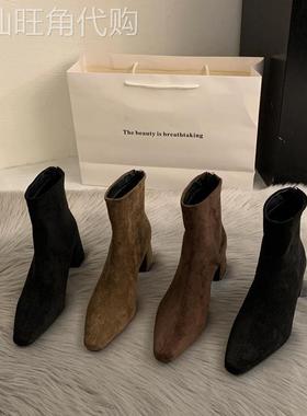 香港黑色绒面粗跟瘦瘦靴女气质方头高跟弹力短靴袜靴卡其色及踝靴