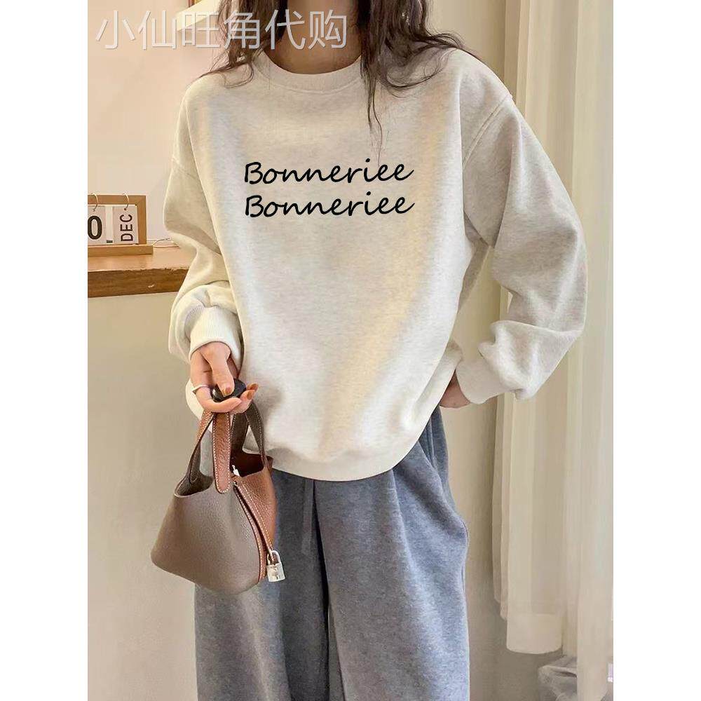 白灰色圆领卫衣女秋冬季2025新款宽松慵懒风加绒加厚薄款上衣外套