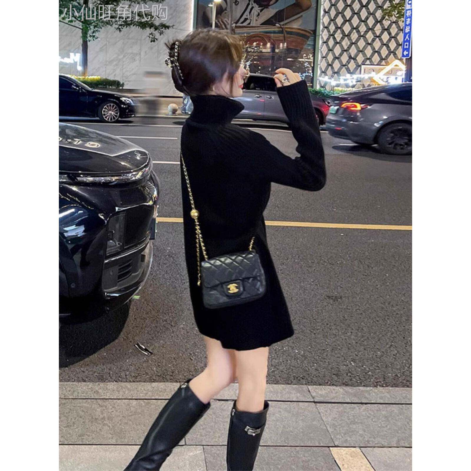 高领毛衣女款2025新款冬季修身气质加厚黑色打底中长款针织衫裙子