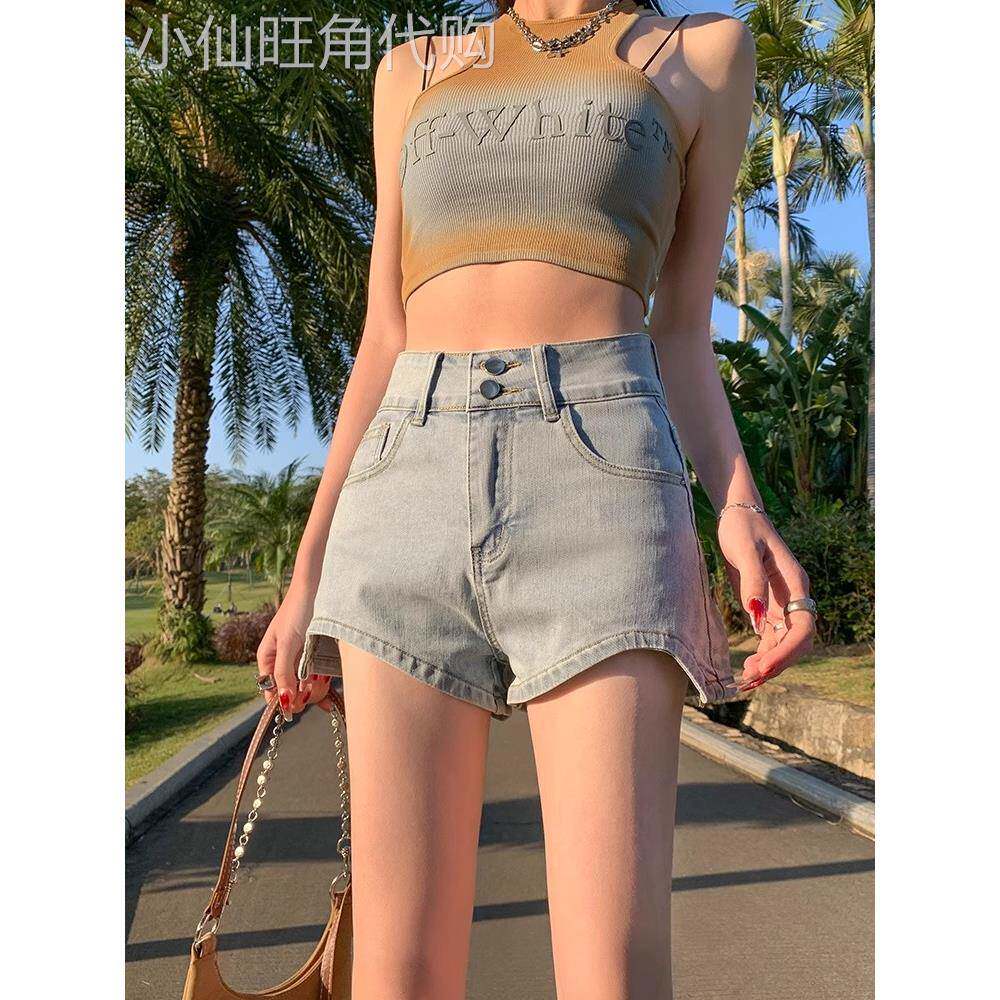 VTVK浅色高腰牛仔短裤女夏季2025年不规则设计感a字超短辣妹热裤