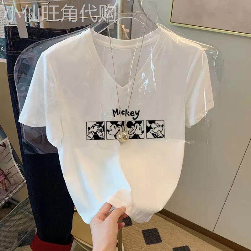 韩国设计感小众正肩V领纯棉圆领短袖t恤女时尚白色上衣打底衫夏季