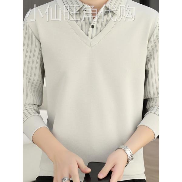 高端轻奢假两件衬衫领针织衫男条纹拼接打底衫休闲简约秋装上衣