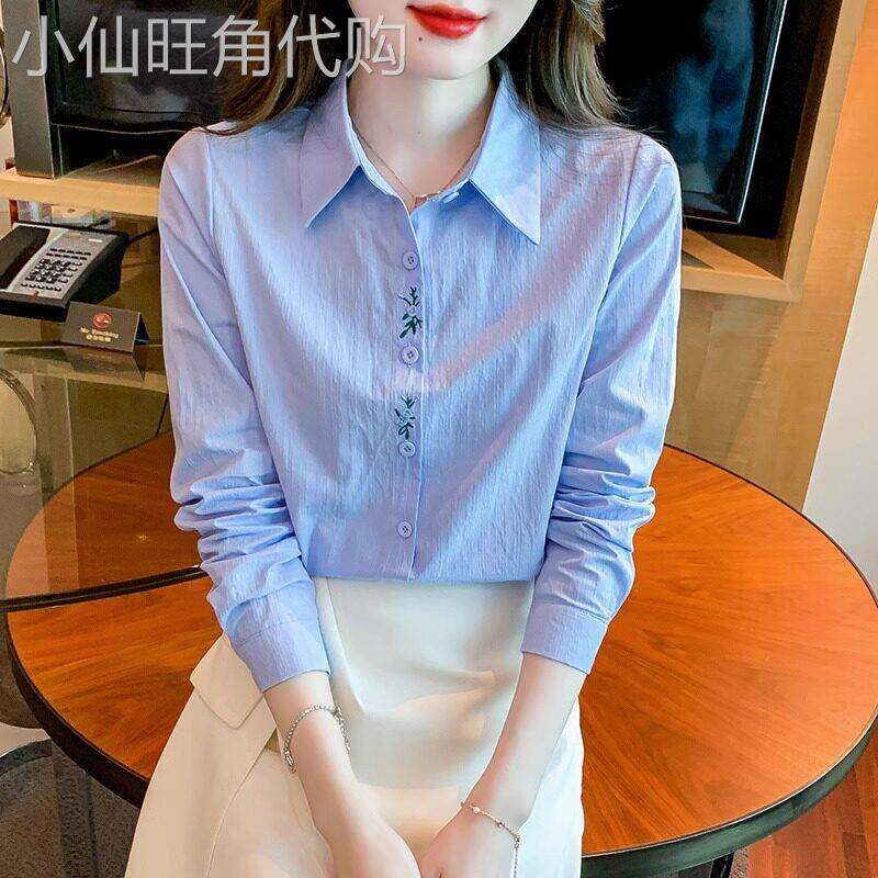 纯棉长袖衬衫女2025春季新款高级感刺绣上班服白衬衣洋派打底上衣