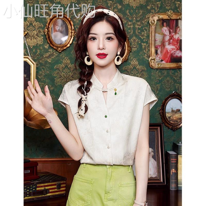 新中式短袖衬衫女夏季2026新款国风缎面提花气质显瘦盘扣立领上衣