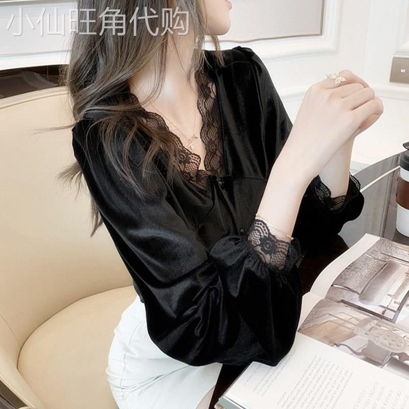 金丝绒打底衫女士2025春秋新款复古洋派V领上衣蕾丝拼接长袖衬衫