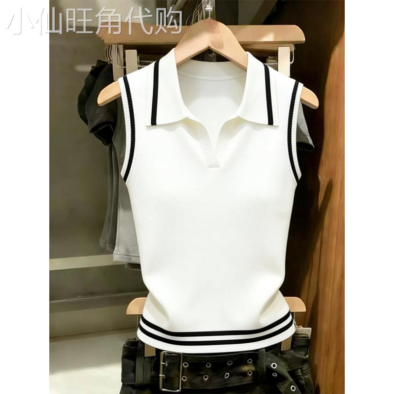 撞色条纹拼接POLO领背心女夏季2026新款洋气减龄外穿无袖T恤上衣