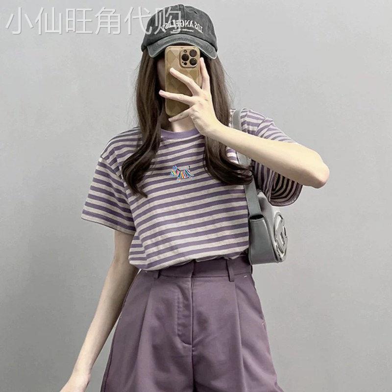 美式复古条纹短袖T恤女装2026新款夏季宽松纯棉正肩撞色小衫上衣