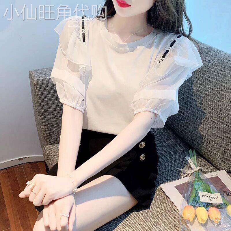 白色雪纺衫女短袖t恤2026新款宽松遮肚小衫设计感小众泡泡袖上衣