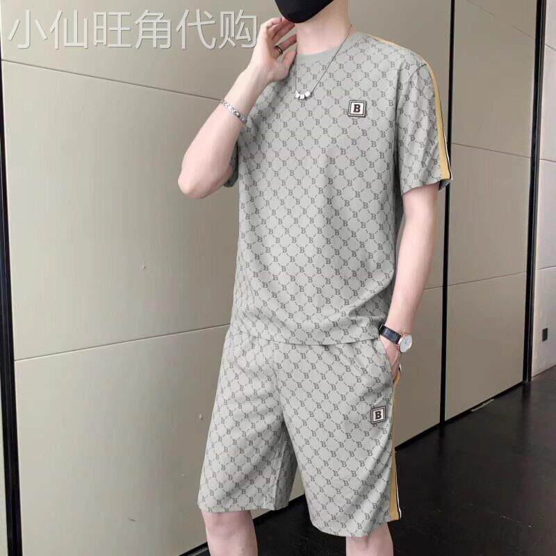 高端短袖短裤运动休闲套装男士2026年新款夏季冰丝潮牌两件套男款