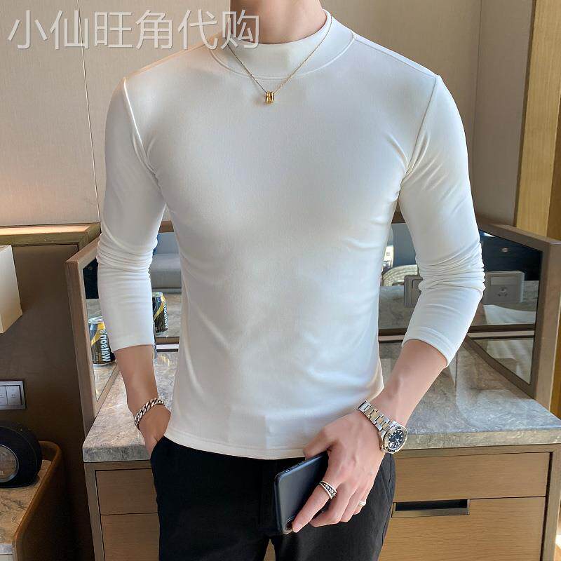 秋季男士长袖t恤半高领纯棉打底衫韩版修身白体恤潮流紧身秋衣cx