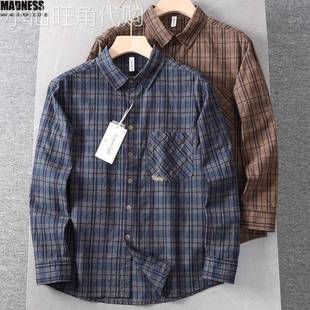 Madness Mdns Clot全棉水洗日系休闲格纹衬衫男士长袖衬衣外套秋