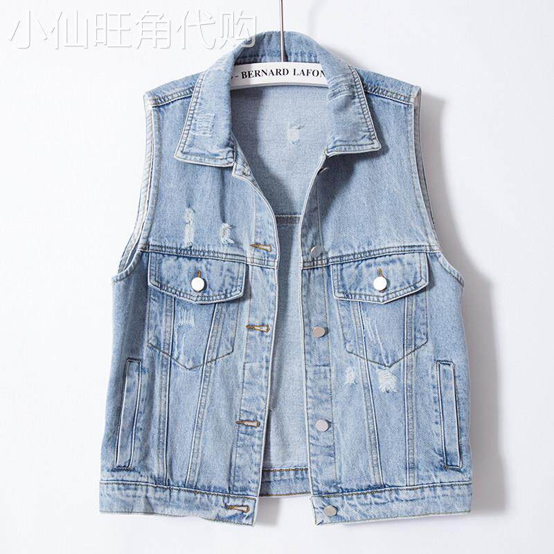 欧洲站2025年春秋新款百搭破洞牛仔马甲女宽松显瘦马夹无袖外套潮