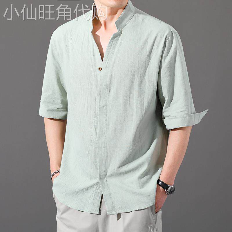 高端棉麻中袖男T恤七分袖纯棉衬衫男士休闲7分袖薄款亚麻短袖潮流