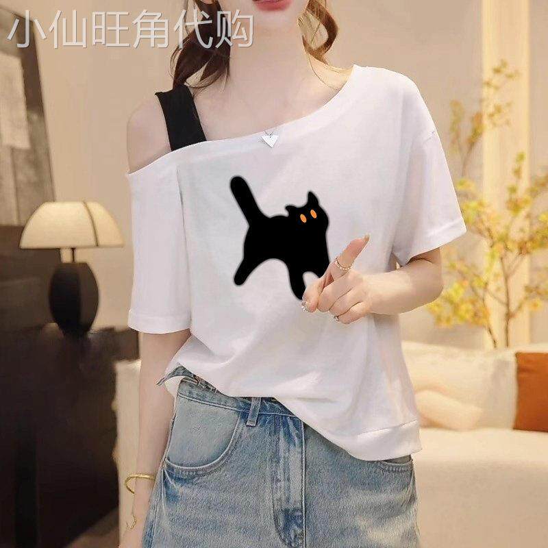 胖mm短袖t恤女夏季新款时尚百搭宽松纯棉一字领露肩辣妹宽松上衣