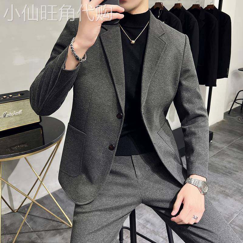 TWG冬季毛呢休闲西服套装男士加厚痞帅高级感修身小西装外套潮流