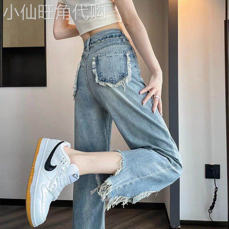 阔腿牛仔裤女2026年新款夏季薄款小个子高腰直筒破洞毛边九分裤子