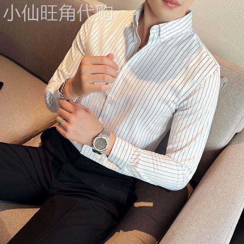 LL男装秋装质感条纹衬衫男长袖修身韩版潮流帅气休闲商务正装衬衫