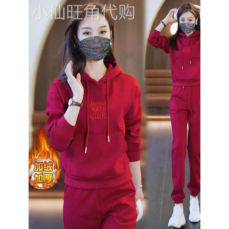 香港加绒加厚运动套装女冬季2025新款时尚红色休闲连帽卫衣两件套